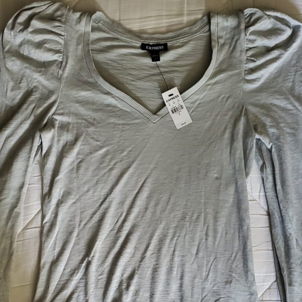 NWT Express Size M Skimming V-Neck Puff Shoulder Long Sleeve Tee
